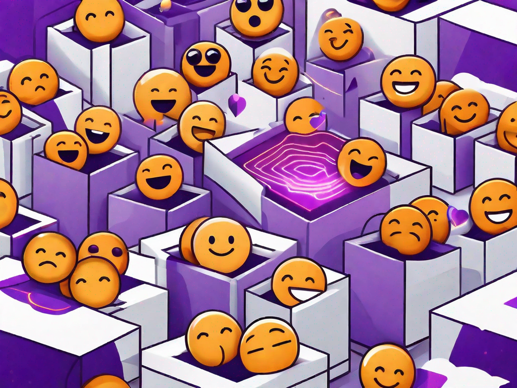 A digital landscape with numerous emojis flowing out of an open box